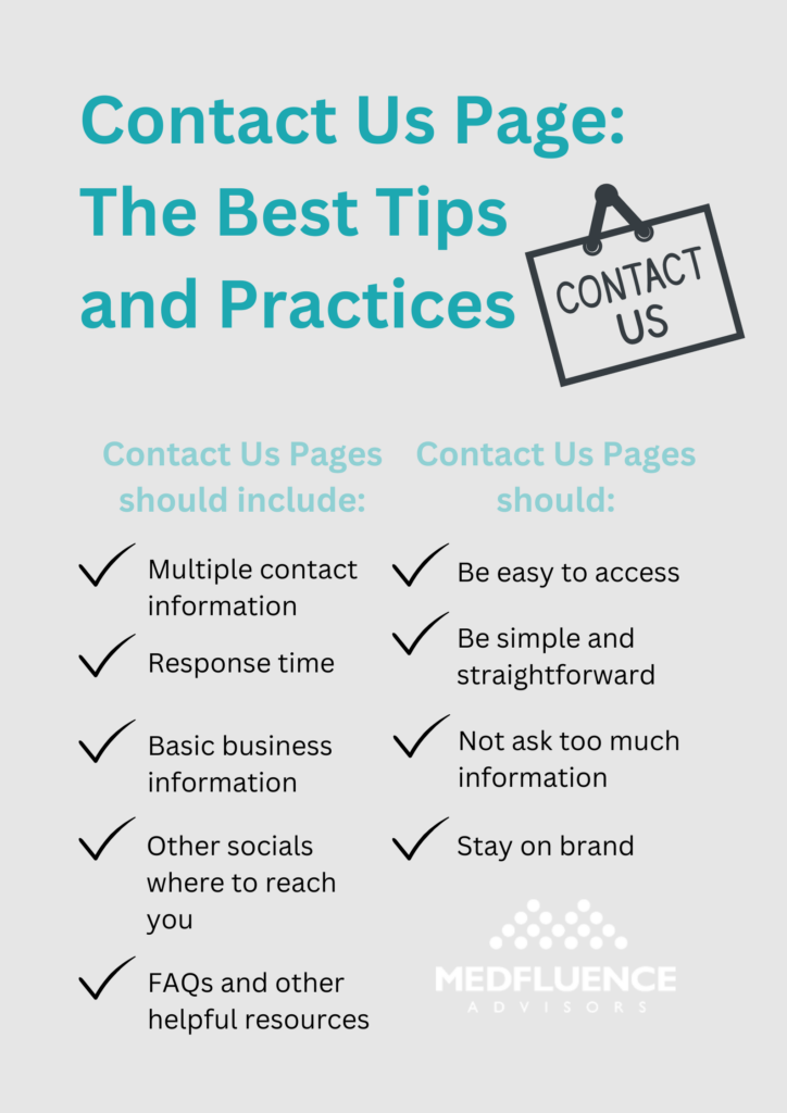 Infographic listing tips and best practices for 'Contact Us' pages, with checkmarks and text pointers.