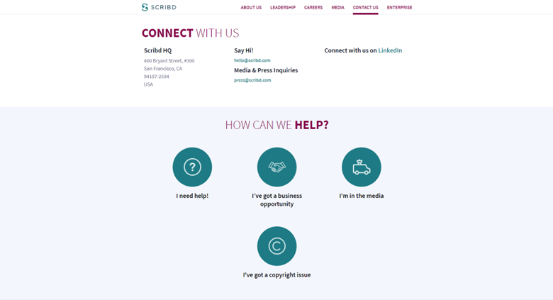 Screenshot of a Scribd contact page with options for help, business, media inquiries, and copyright issues.