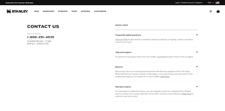 Screenshot of Stanley's 'Contact Us' webpage with customer service number and links for FAQs, support, returns, and warranty claims.