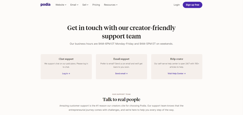 Screenshot of a website support page offering chat support, email support, and a help center.