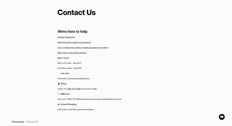 A webpage section titled "Contact Us" with customer service options and hours listed.