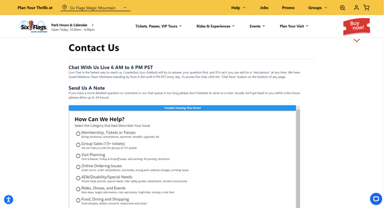 Screenshot of Six Flags Magic Mountain 'Contact Us' webpage with customer service options.