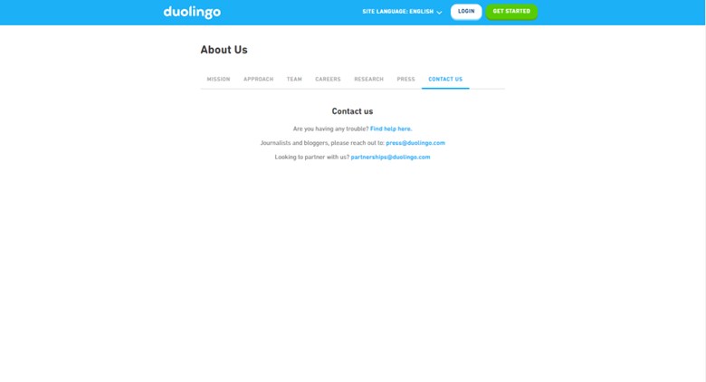 A screenshot of the 'Contact Us' section on the Duolingo website with email addresses for support and partnerships.