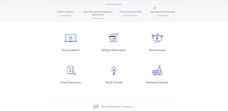 Screenshot of a help center webpage with icons for Account Basics, Billing & Subscription, Resolve Issues, About Grammarly, Tips & Tutorials, and Business & Schools.