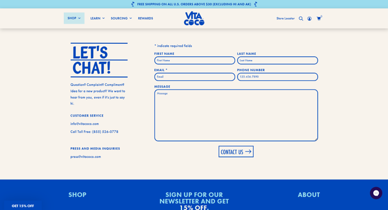 Screenshot of a customer service contact form on a website with the header "Let's Chat!".