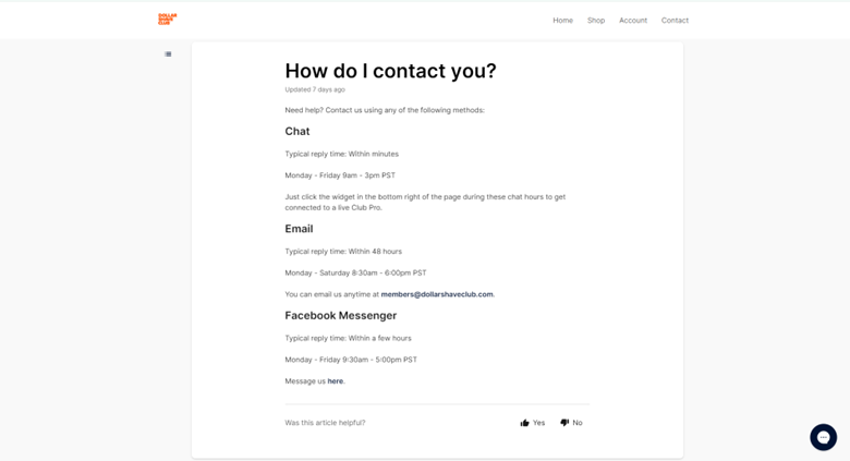 Screen capture of a FAQ section answering "How do I contact you?" with chat, email, and Facebook options listed.