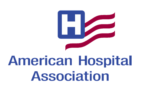 Logo of the American Hospital Association with a blue "H" and a red-striped flag.