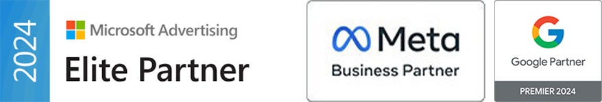 Logos indicating elite partnership with Microsoft Advertising, business partnership with Meta, and premier partnership with Google for 2024.