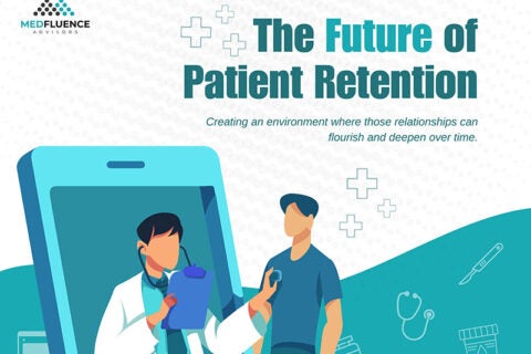 Illustration of a doctor emerging from a smartphone, checking a patient